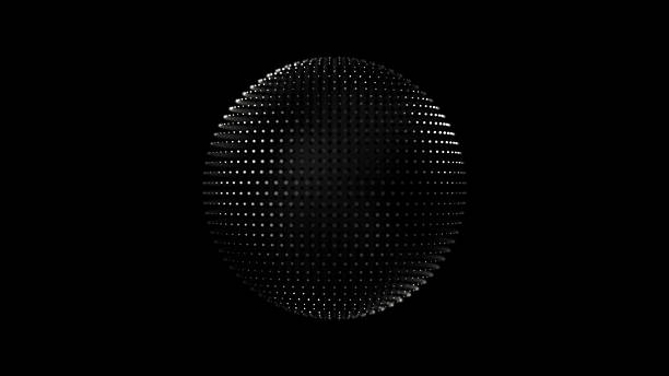 Gray sphere of dots on isolated background. Iron disco ball on black background. Abstract minimalistic orb stereoscopic. Black planet. Holographic silver 3D ball 4k,