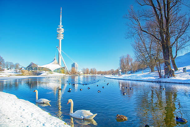 Panoramic view over the Olymic park (Olympiapark München) in Munich at winter, Germany