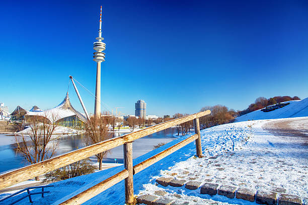 Panoramic view over the Olymic park (Olympiapark München) in Munich at winter, Germany