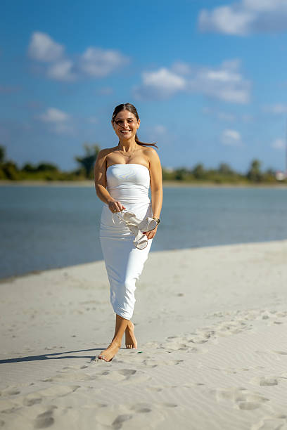 A girl in a white dress walks alone on the sand on a beach