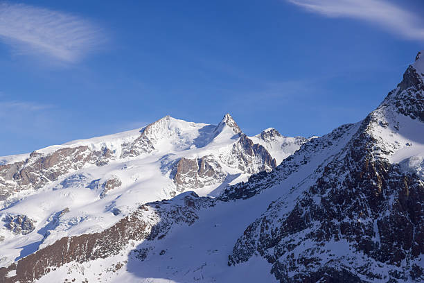 Switzerland highest peak Dufourspitze 4,634 m, Monte Rosa, above Zermatt town in Mattertal, Valais canton, Switzerland, in winter.