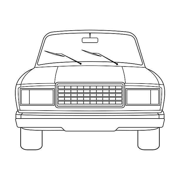 Black and white vector illustration of a vintage car front view. The design shows a detailed outline of an old fashioned automobile with a rectangular grille, headlights, windshield wipers and smooth curved fenders. Perfect for coloring pages, automotive design projects, retro car themes and vector graphic collections.