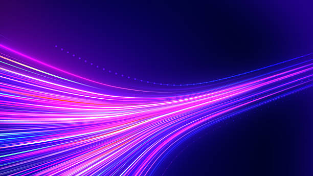 istock Glowing pink lines on blue background. Neon information stripes flying. High-speed big data transfer. Curved neon lines. Optical fiber blue and pink neon color. Blue background. 2240788397
