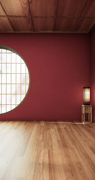 istock Circle window wall design, Red color empty  room japanese deisgn, wooden floor. 3D rendering 2240789728