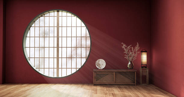 istock Circle window wall design, Red color empty  room japanese deisgn, wooden floor. 3D rendering 2240789729