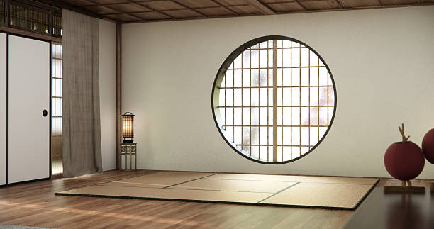istock Circle window wall design, white empty  room japanese deisgn, tatami mat floor. 3D rendering 2240789793