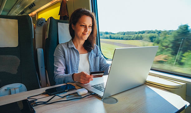 istock Businesswoman is making an online payment while working remotely on a train. 2240796082