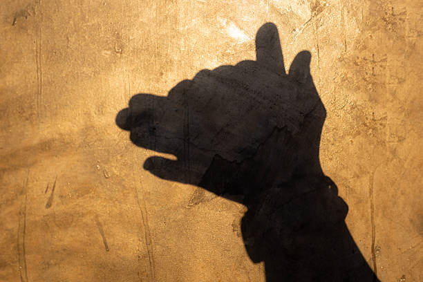 Hand shadow dog silhouette: A creative hand shadow of a dog profile cast against a textured surface, creating a playful and imaginative visual experience.