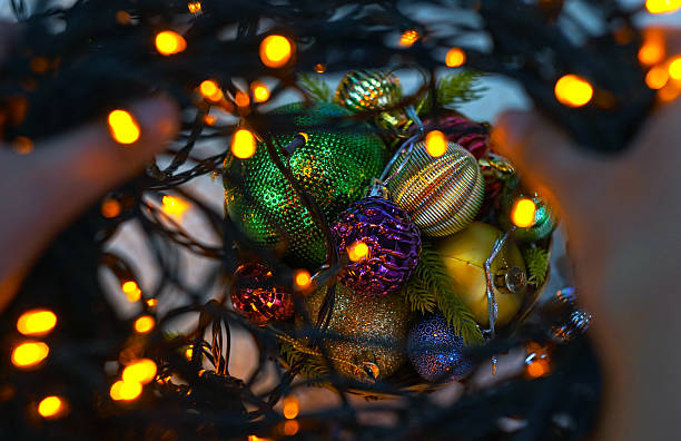 Christmas tree toys in a basket on the table