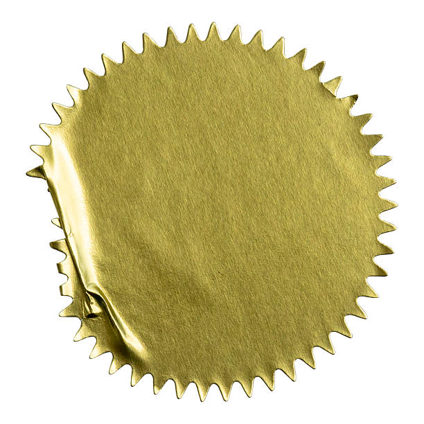 istock Single Gold Starburst Sticker: Round Metallic Peelable Adhesive Seal Emblem Isolated on White Background for Award or Quality Guarantee 2240799509