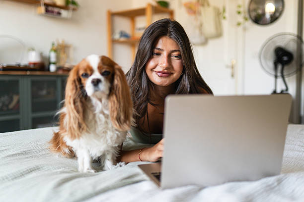 istock Young woman uses laptop while her dogs are around 2240800871