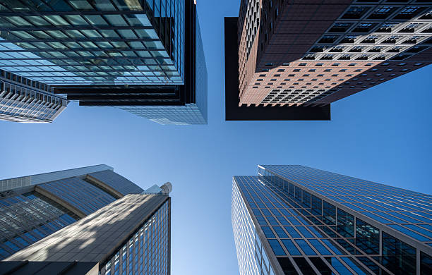Low angle cityscape view of a corporate office buildings