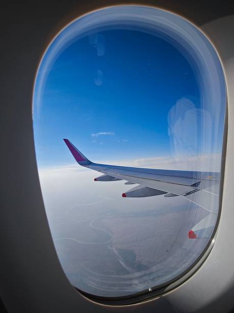 istock Airplane Wing and River View from Airplane Window 2240807579
