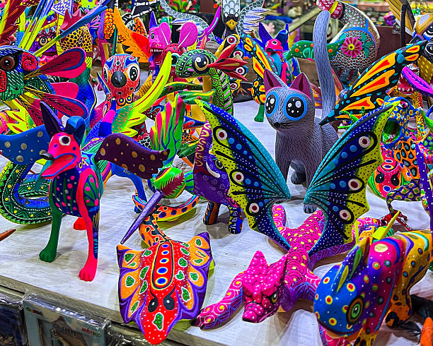 Colorful Mexican Alebrijes Handcrafted Figurines on Display