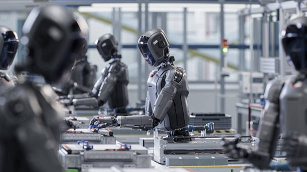 istock 3D Render: Industrial AI Transformation: Advanced Human Like Robot Working in Industrial Environment. Autonomous AI Powered General Purpose Humanoid Robots Work at Factory on Assembly Line. 2240813686