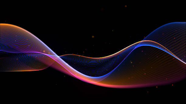 Colored smoke with flying dust particles. Multicolor wave on isolated background. Rainbow linear vector liquid shape, smooth flow of red blue yellow, colors, on black background. Multicolor