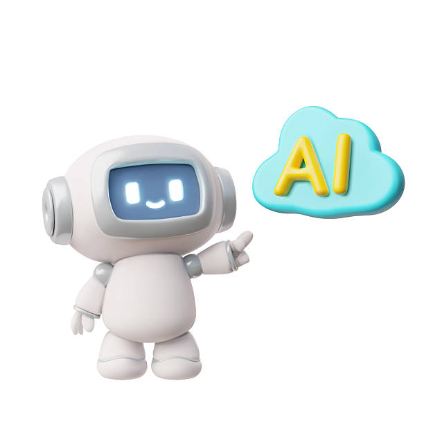 Chatbot robot points to cloud with AI text realistic 3D vector icon cute Artificial intelligence machine support service Chatbot robot points to cloud with AI text realistic 3D vector render illustration. Render cute Artificial intelligence machine, online customer support service, robot technology internet bot stock illustrations
