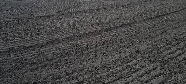 Agricultural field with curved furrows after plowing