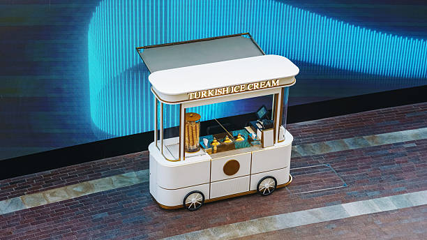 A vibrant Turkish ice cream cart is attracting customers in a bustling retail area of Dubai.