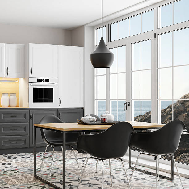 Interior of kitchen in vintage rustic style with wooden furniture in a cottage, family house.
