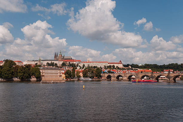 Prague, Czech - August 22, 2013 - Panoramic view of prague's historic charles bridge and vltava river.