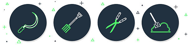 istock Set line Garden pitchfork, Gardening handmade scissor, Sickle and Shovel the ground icon. Vector 2240860596