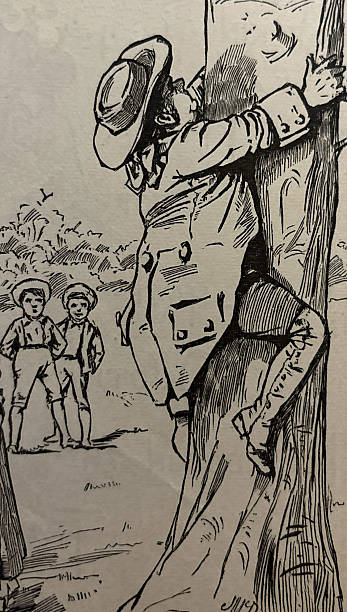 Antique illustration pre 1900 - large man attempting to climb up a tree