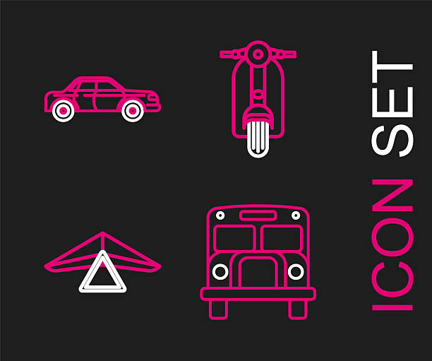 Set line School Bus Hang glider Scooter and Sedan car icon. Vector.