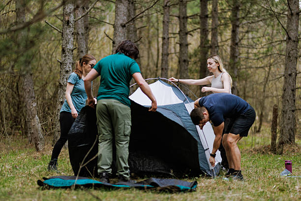 istock Group of friends setting up a tent in a forest during a weekend camping trip in springtime weather 2240865219