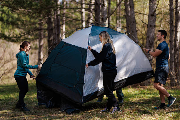 istock Friends setting up a camping tent in the woods during a sunny day while enjoying their outdoor adventure together 2240865297