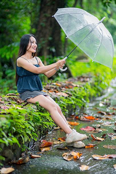 A young woman enjoys a serene moment in a lush forest, sitting by a gentle stream. She holds a clear umbrella, surrounded by vibrant greenery and fallen leaves.