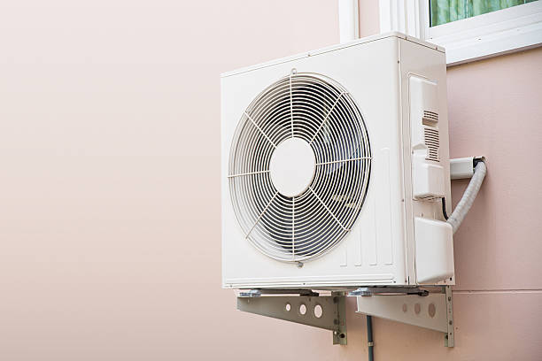 istock Air compressor, Close-up three external split wall type of outdoor home air conditioner unit installed on outside building. Concepts of cool or heat or hot and air conditioning system maintenance. 2240886429