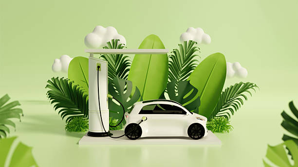 istock Sustainability with modern electric car at eco-friendly charging station. 3D render illustration 2240892422