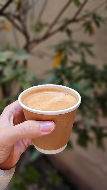 istock Drinking Hot Creamy Latte Coffee in Eco-Friendly Kraft Paper Cup While Strolling Through Quiet Green Alley in Kyoto, Japan – Afternoon Tea and Café Culture 2240892654