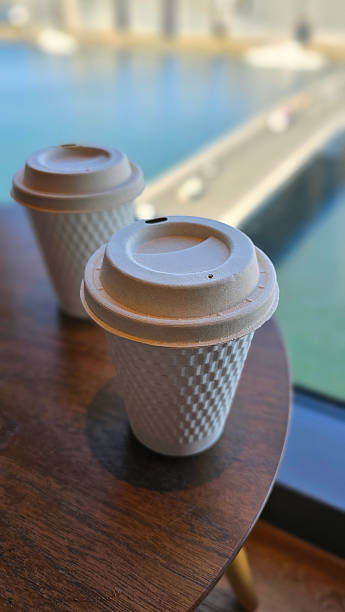 Drinking Freshly Brewed Americano Hot Coffee in Eco-Friendly takeout Paper Cup While Overlooking City Skyline and Tokyo Bay from Skyscraper, Afternoon Leisure and Sightseeing Experience in Japan