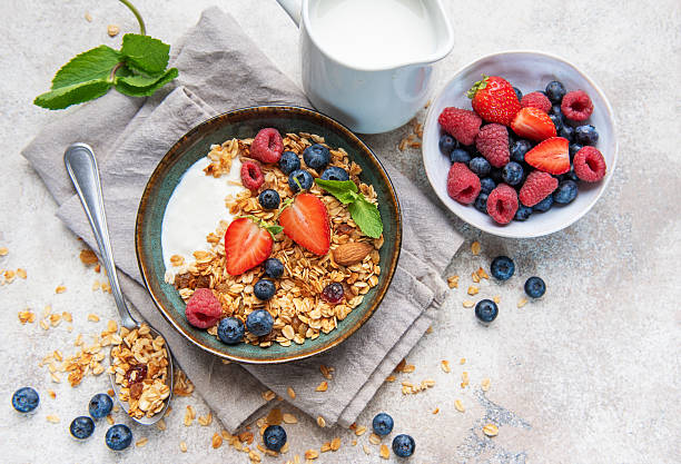 istock Healthy breakfast granola yogurt bowl with fresh berries 2240899453