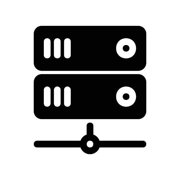 Network Server Rack Icon Representing Data Center Infrastructure Hardware Data Hosting Symbol Showing Stacked Servers Connected to a Network Line mainframe memory system stock illustrations