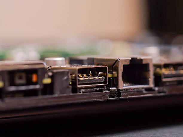 istock Usb connectors, HDMI connection on circuit board close up 2240904676