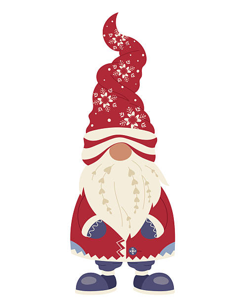 Nordic Christmas gnome in red folk outfit. Bearded winter dwarf with tall hat and festive coat. Cozy Scandinavian character for holiday prints, cards, decorations and New Year design. Vector illustration