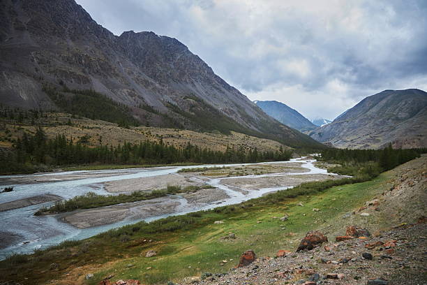 istock river flows gently through a valley surrounded by rugged mountains under an overcast sky. Lush green vegetation contrasts with rocky terrain, creating a serene natural scene. Russia, Altai Mountains 2240910556