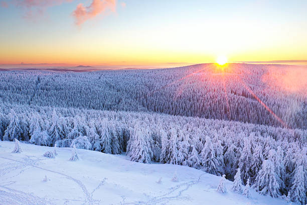 istock breathtaking sunrise over the snow covered forest in winter 2240915681