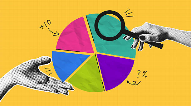 istock Collage banner with two halftone hand holding magnifying glass and circular diagram parts. Concept of business data graph or market share. Collage design with halftone elements. Vector. 2240918150