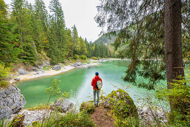 Man in red jacket with backpack standing on rocky shore overlooking clear green mountain lake. Outdoor adventure and nature exploration. Peaceful wilderness landscape with forest and water.