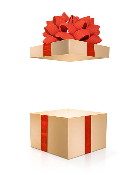 Open Craft Gift Box with Red Ribbon and Bow Isolated on White