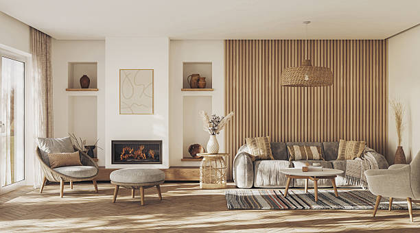 istock A contemporary living room interior design with fireplace and wall paneling featuring vibrant decorative accents, 3D render 2240934007