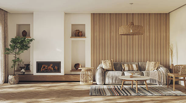 istock A contemporary living room interior design with fireplace and wall paneling featuring vibrant decorative accents, 3D render 2240934013