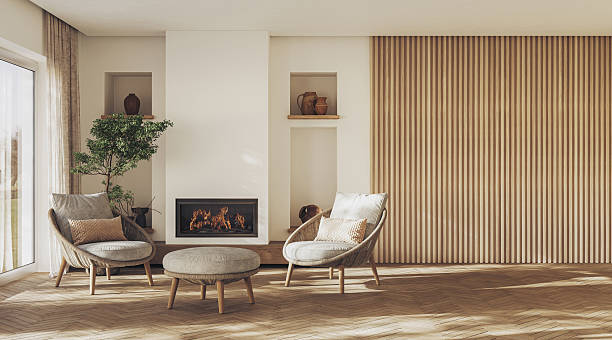 istock A contemporary living room interior design with fireplace and wall paneling featuring vibrant decorative accents, 3D render 2240934014