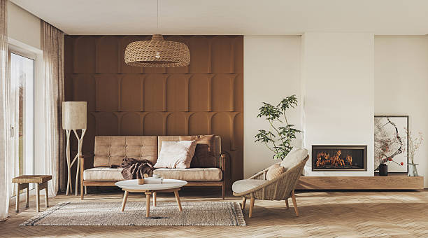 istock A contemporary living room interior design with fireplace and wall paneling featuring vibrant decorative accents, 3D render 2240934036