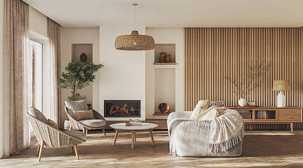 istock A contemporary living room interior design with fireplace and wall paneling featuring vibrant decorative accents, 3D render 2240934038