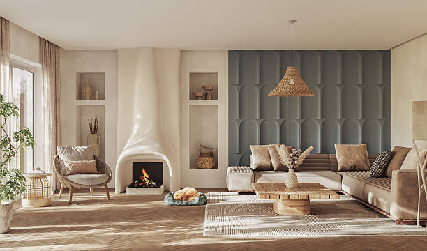 istock A contemporary living room interior design with fireplace and wall paneling featuring vibrant decorative accents, 3D render 2240934041